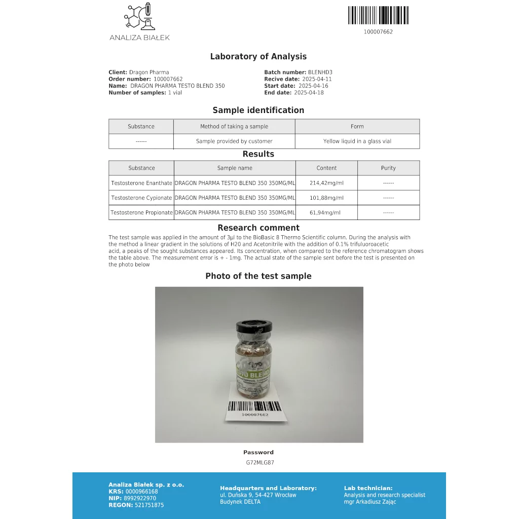 Testo Blend 350 - Testosterone Enanthate,Testosterone Cypionate,Testosterone Propionate - Dragon Pharma, Europe