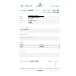 BPC-157 Lab Test Certificate September 2023 showing 4.84mg result