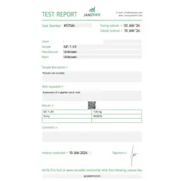 IGF-1 LR3 Lab Test Certificate January 2024 showing 1.05mg result