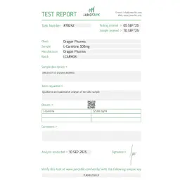 L-Carnitine Lab Test Certificate September 2025 showing 525.08mg result