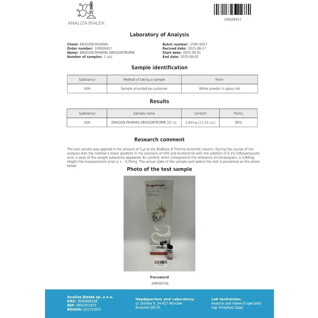 Dragontropin HGH 100 IU - Human Growth Hormone - Dragon Pharma, Europe