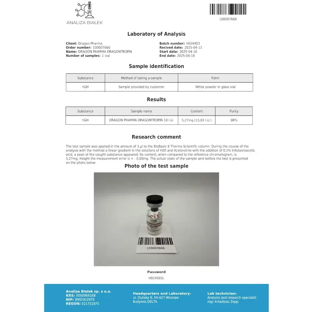 Dragontropin HGH 100 IU - Human Growth Hormone - Dragon Pharma, Europe