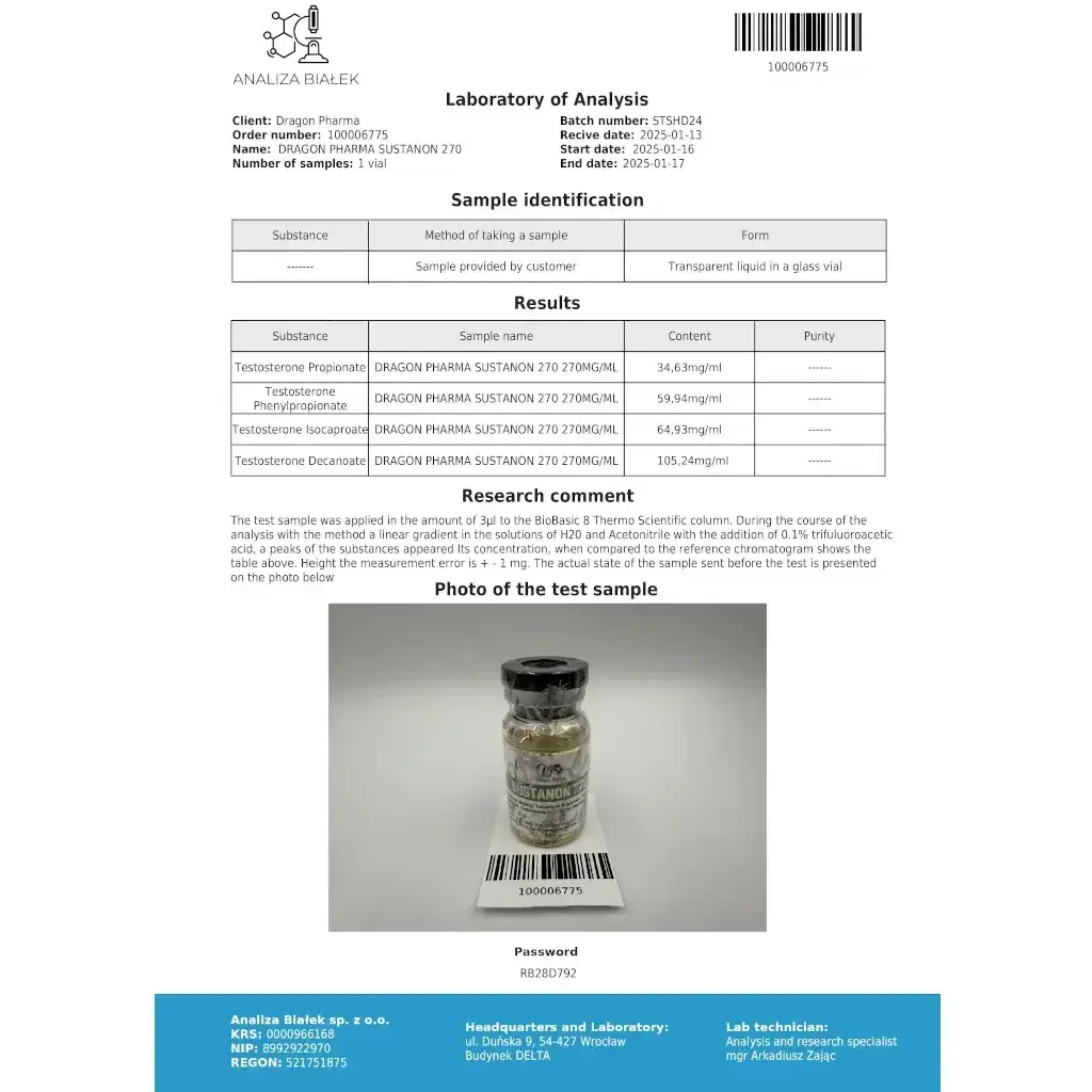 Sustanon 270 mg - Testosterone Acetate,Testosterone Propionate,Testosterone PhenylPropionate,Testosterone Isocaproate,Testosterone Decanoate - Dragon Pharma, Europe