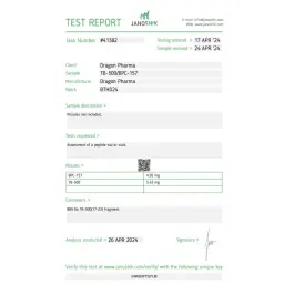 TB 500 & BPC 157 Lab Test Certificate April 2024 showing 5.43mg TB 500 and 4.95mg BPC 157