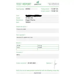 TB 500 Lab Test Certificate September 2023 showing 6.31mg result
