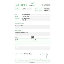 TB 500 Lab Test Certificate March 2024 showing 6.15mg result
